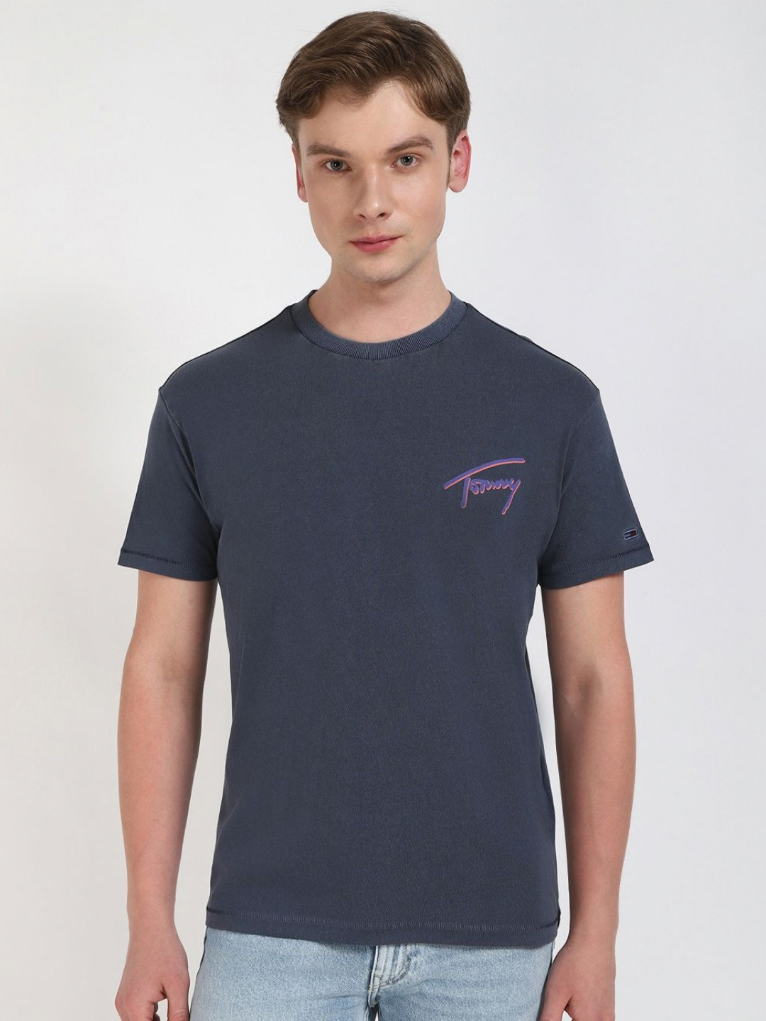 

Tommy Hilfiger Men Typography Printed Round Neck Cotton T-shirt, Grey