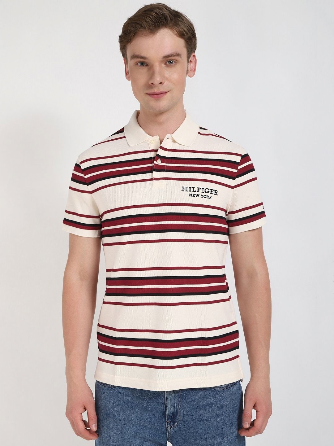 

Tommy Hilfiger Men Striped Polo Collar Cotton T-shirt, Beige