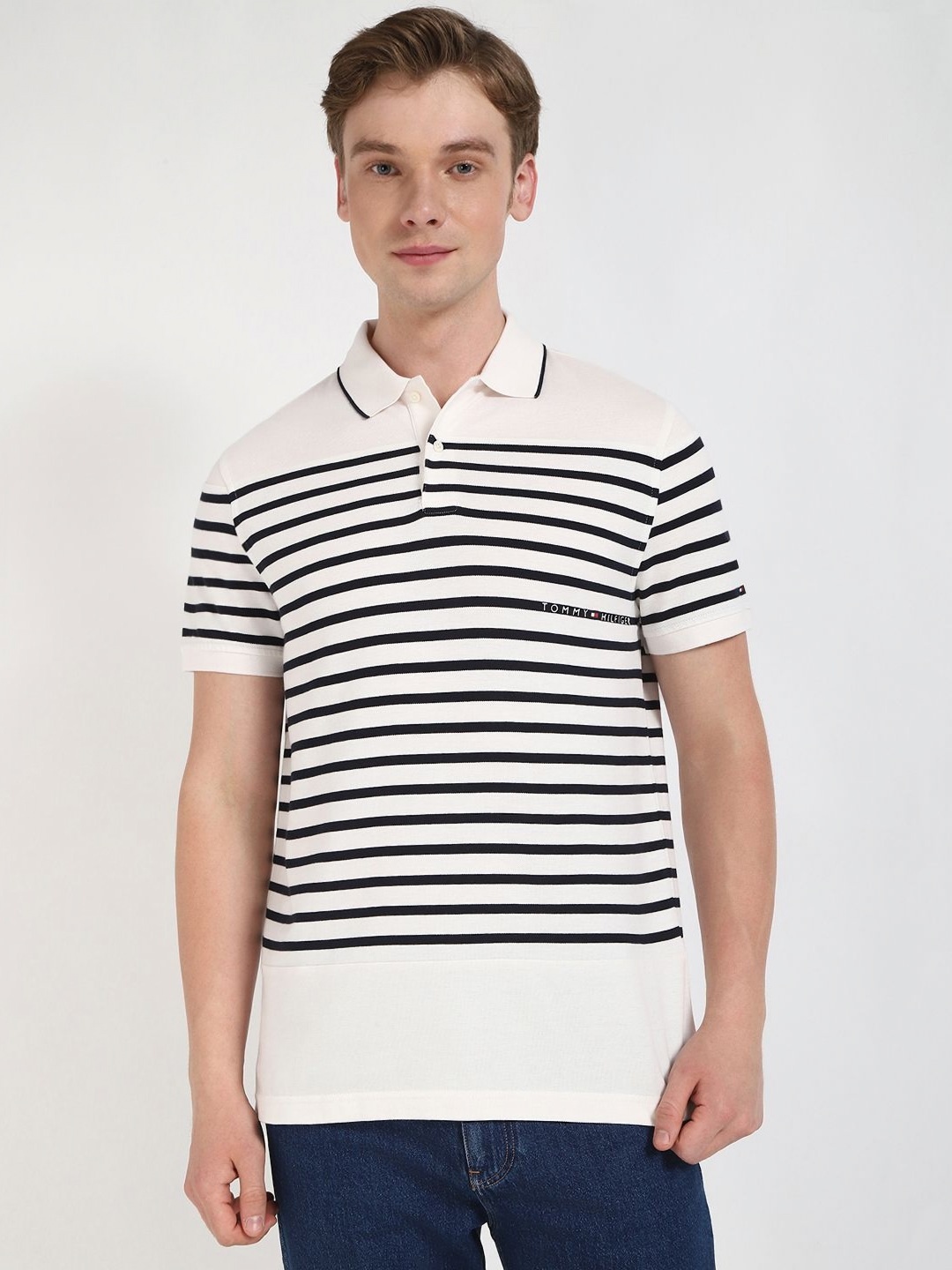 

Tommy Hilfiger Men Striped Polo Collar Cotton T-shirt, Off white