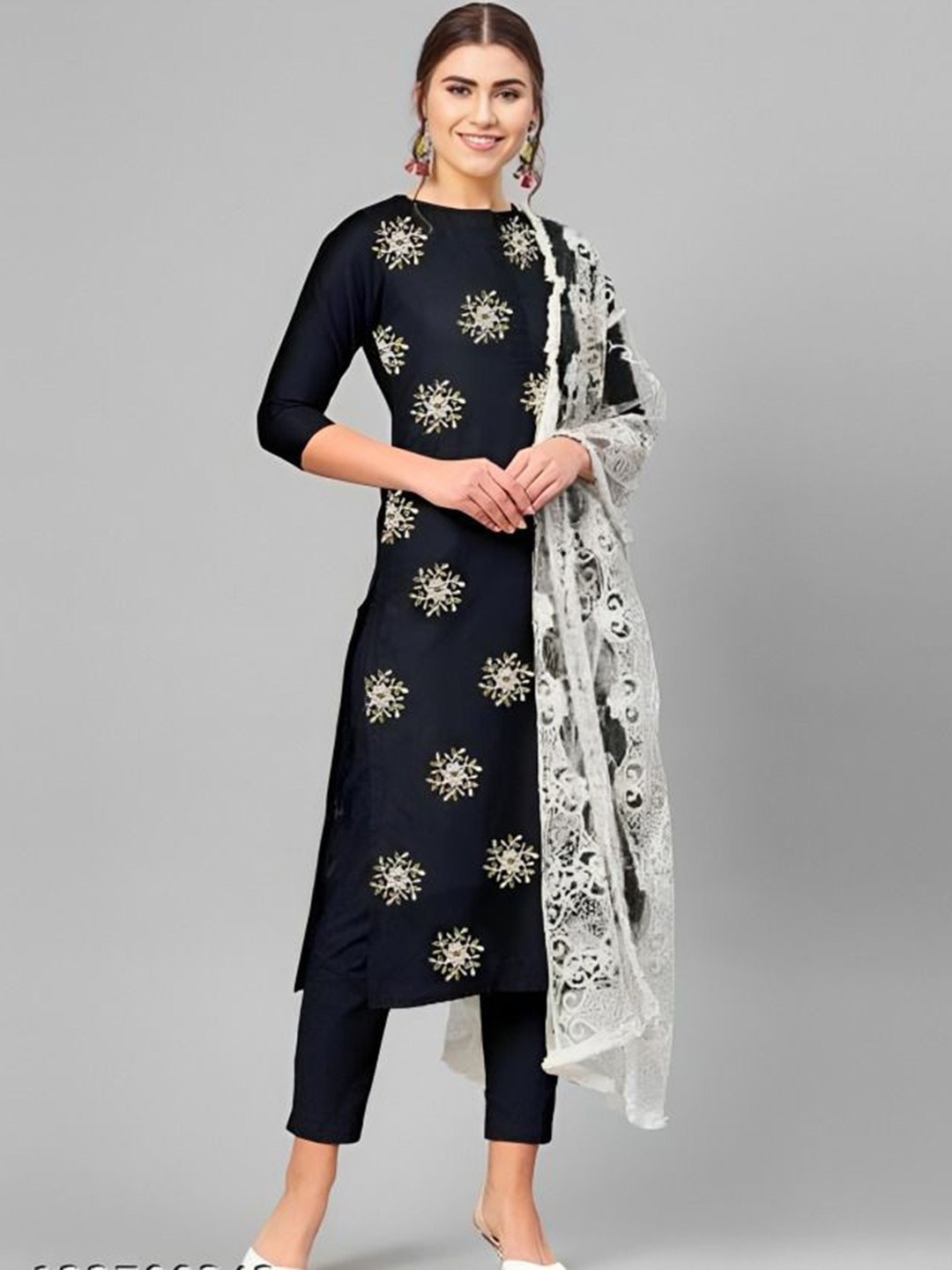 

REET MAHAL Floral Embroidered Round Neck Beads Work Kurta With Trouser & Dupatta, Black