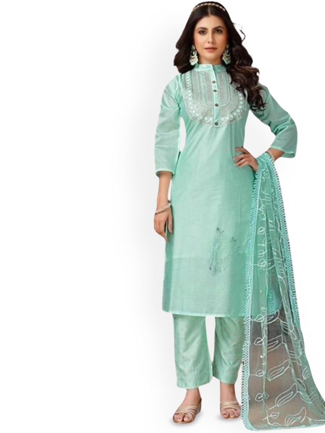 

REET MAHAL Women Embroidered Regular Beads and Stones Kurti with Trousers, Green