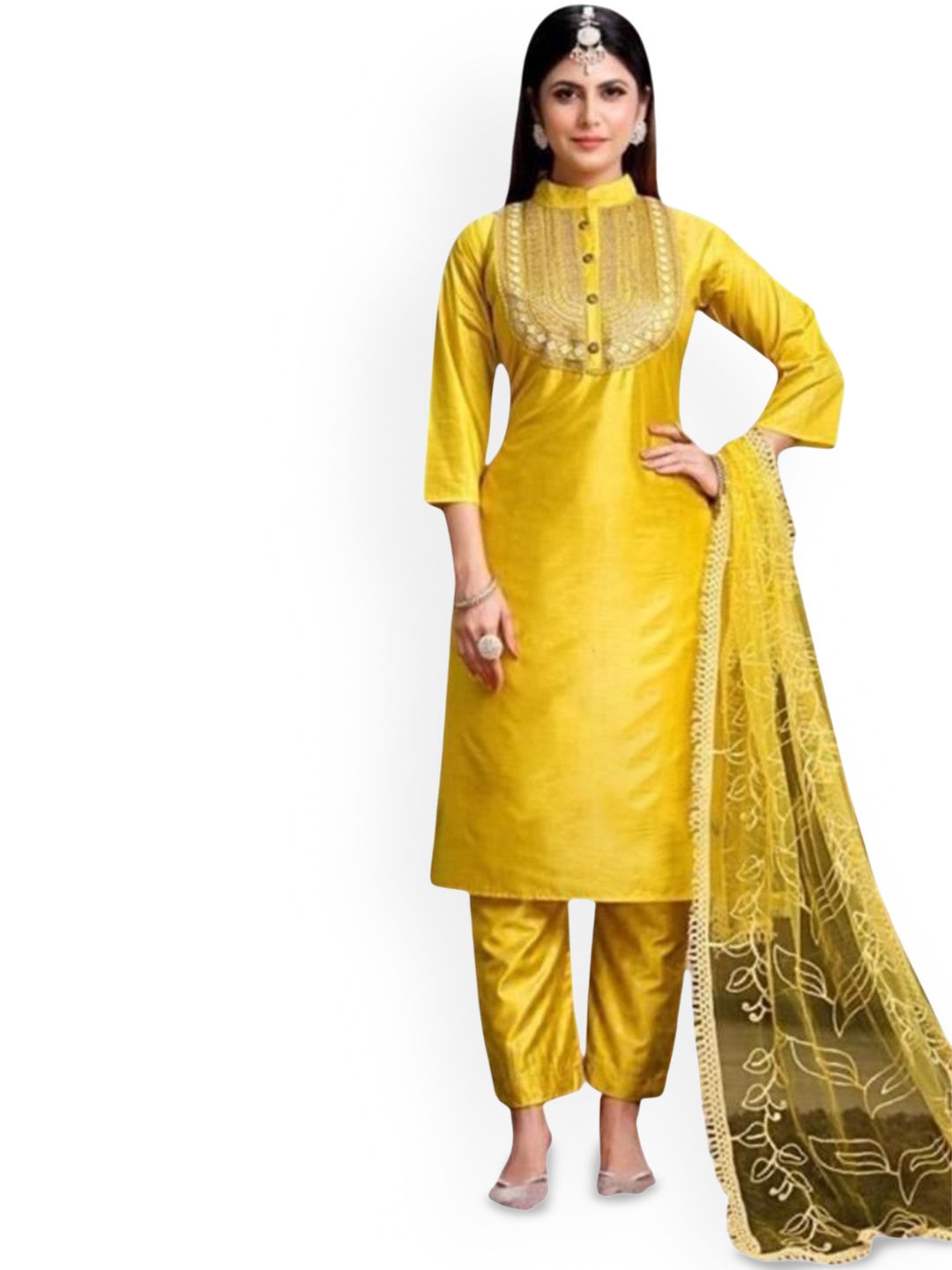 

REET MAHAL Geometric Yoke Design Mandarin Collar Straight Kurta With Trousers And Dupatta, Yellow