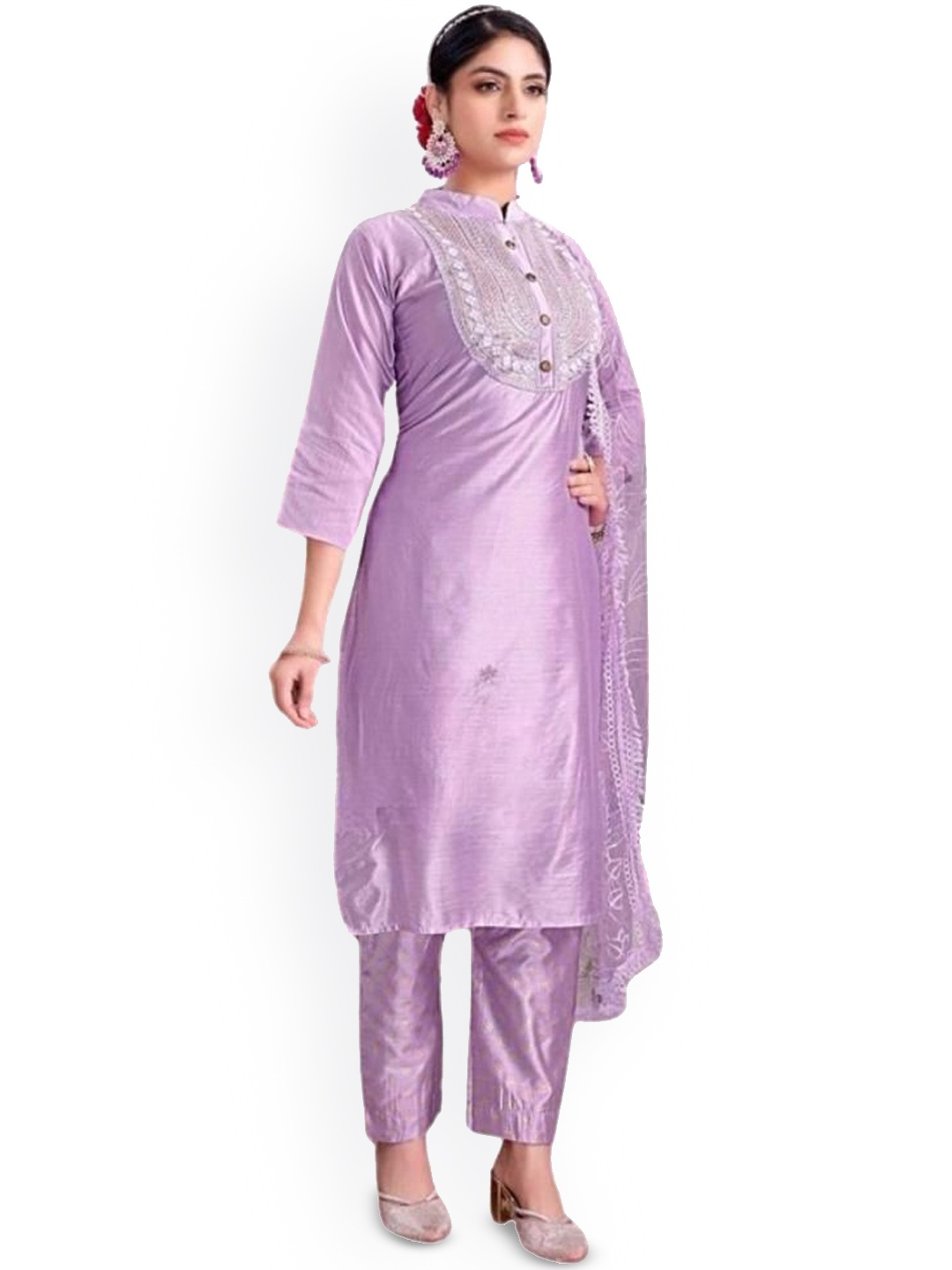 

REET MAHAL Geometric Yoke Design Mandarin Collar Straight Kurta With Trousers And Dupatta, Purple