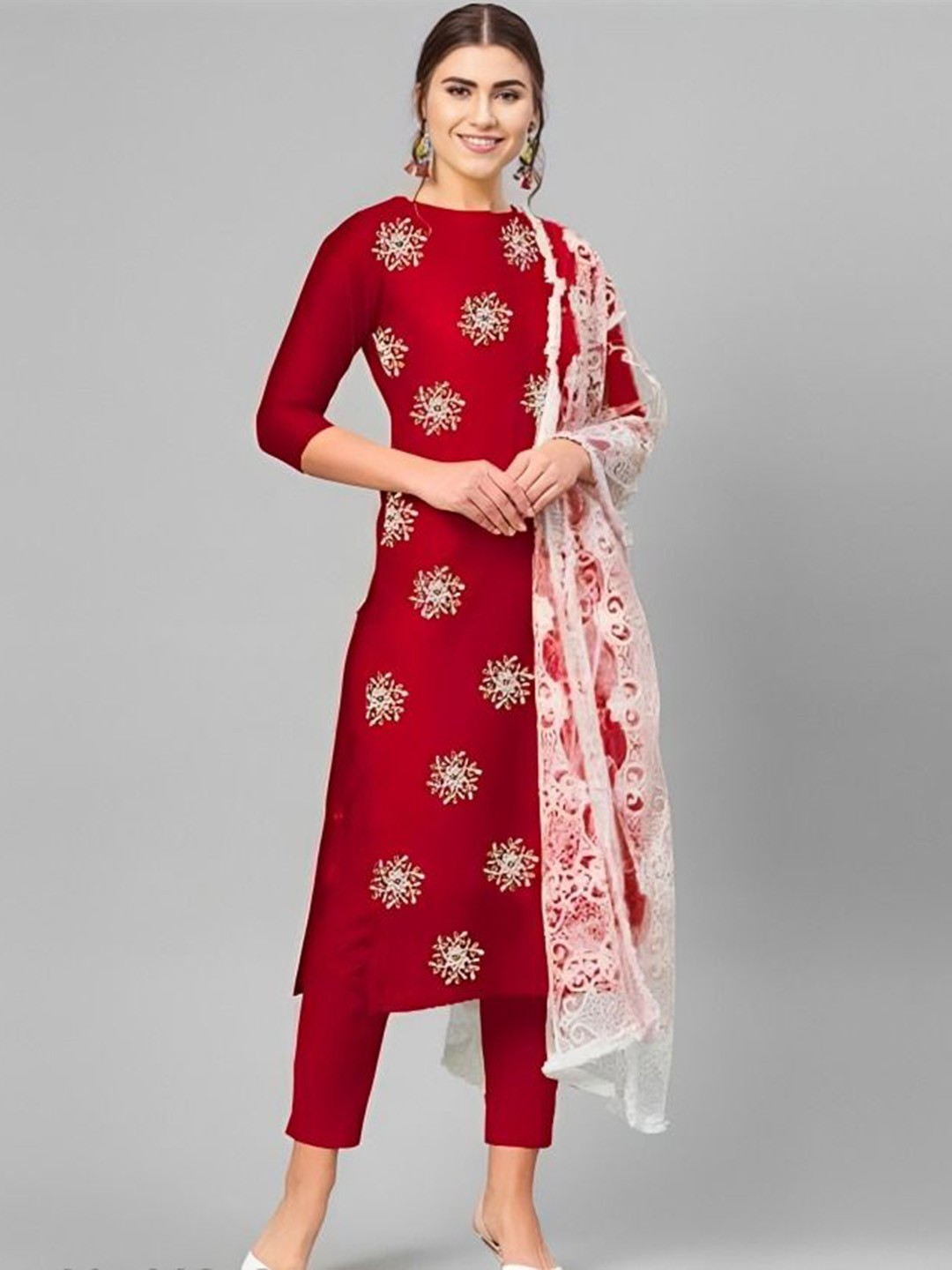 

REET MAHAL Floral Embroidered Thread Work Straight Kurta With Trousers And Dupatta, Red