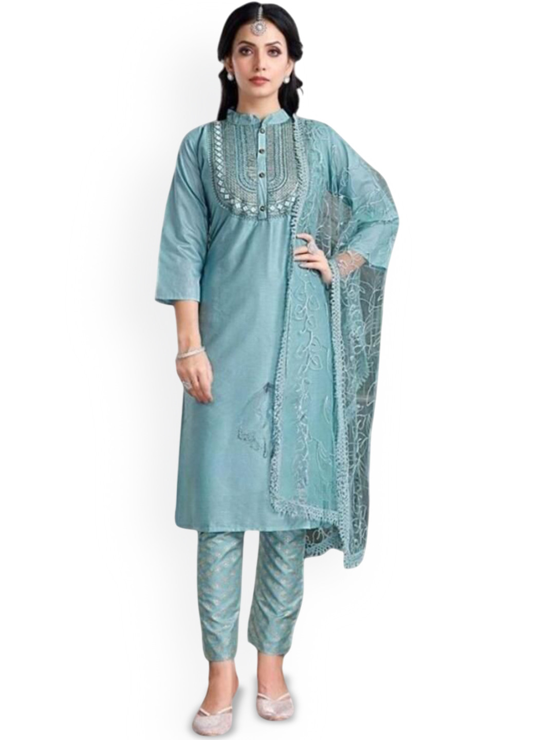 

REET MAHAL Women Embroidered Regular Beads and Stones Kurti with Trousers, Blue