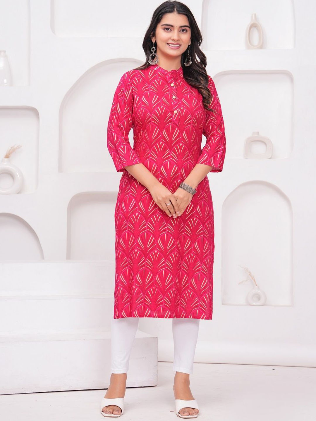 KBZ Floral Printed Mandarin Collar Straight Kurtas, Red