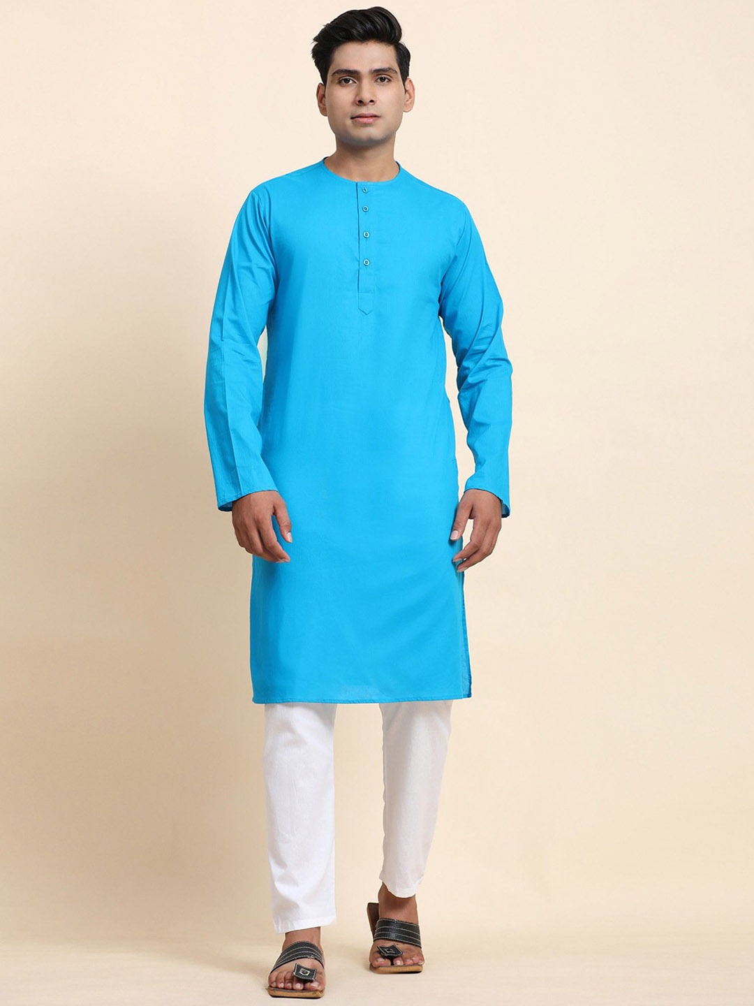 

Moda Rapido Round Neck Pure Cotton Straight Kurta With Pyjamas, Blue