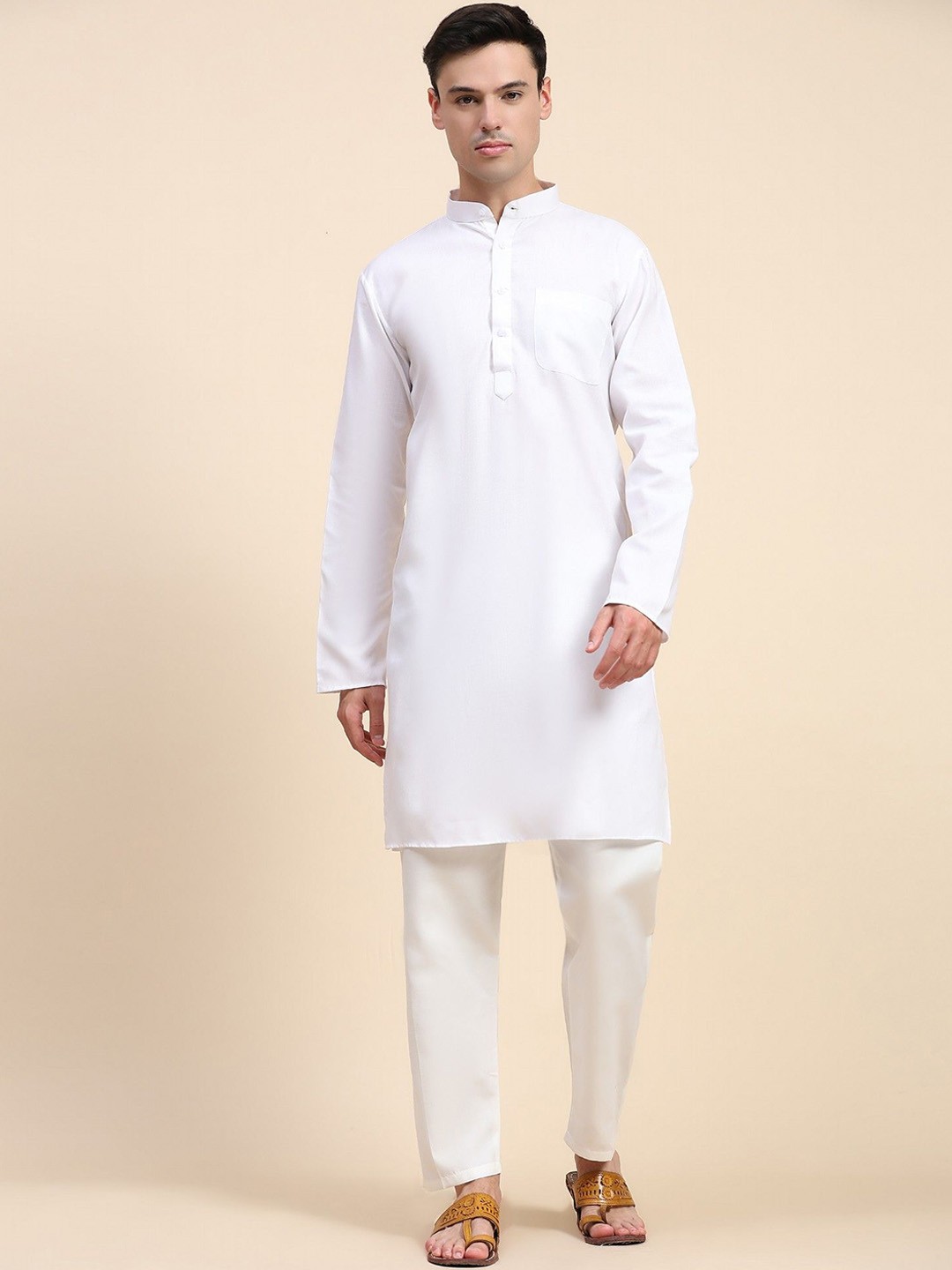 

Moda Rapido Band Collar Pure Cotton Straight Kurta With Pyjamas, White