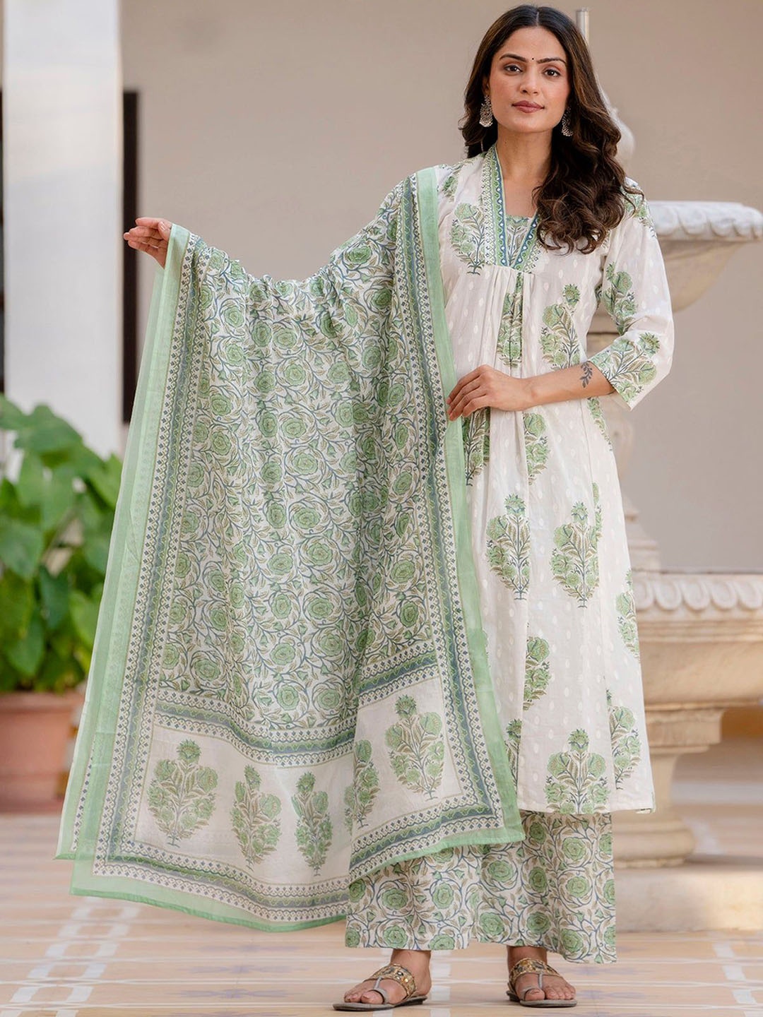 

SINSINI Floral Printed Pleated Sequinned Pure Cotton A-Line Kurta With Palazzo & Dupatta, Green