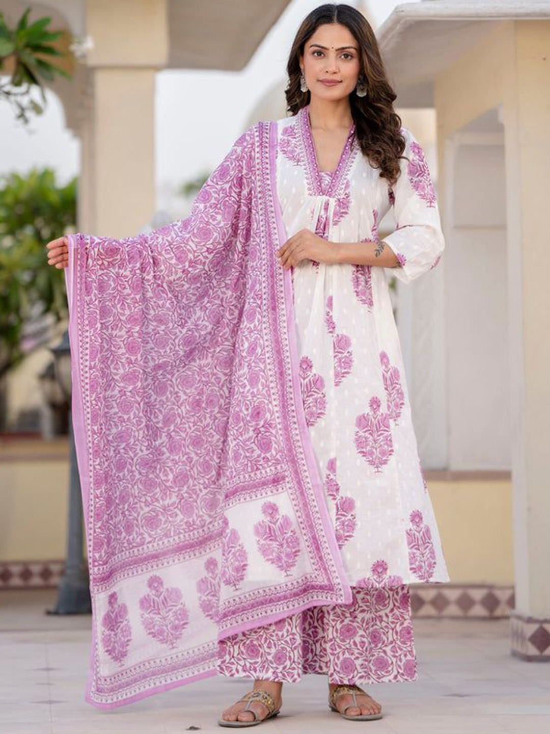 

SINSINI Floral Printed Pleated Sequinned Pure Cotton A-Line Kurta With Palazzo & Dupatta, Purple