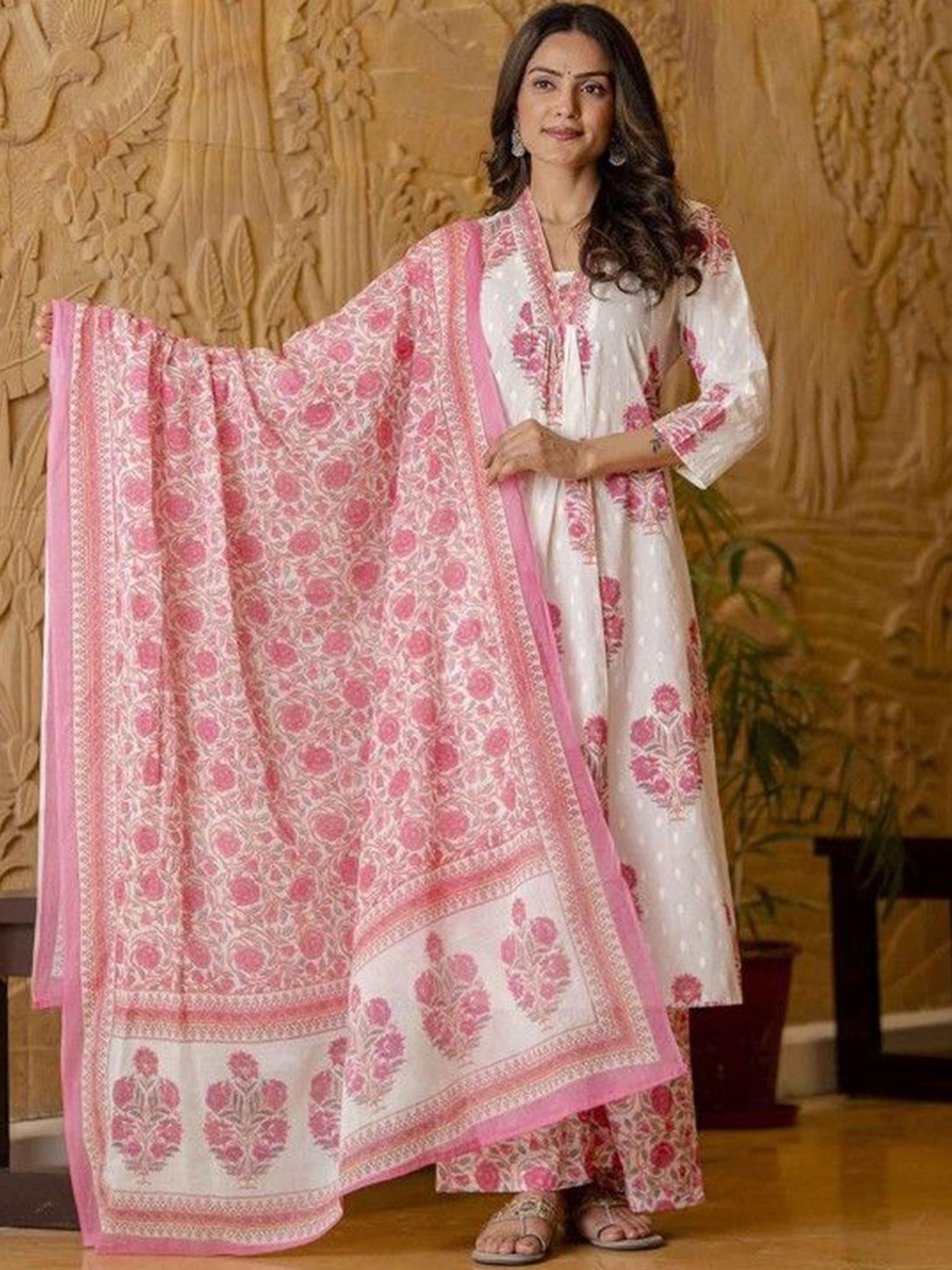 

SINSINI Floral Printed Pleated Sequinned Pure Cotton A-Line Kurta With Palazzo & Dupatta, Pink