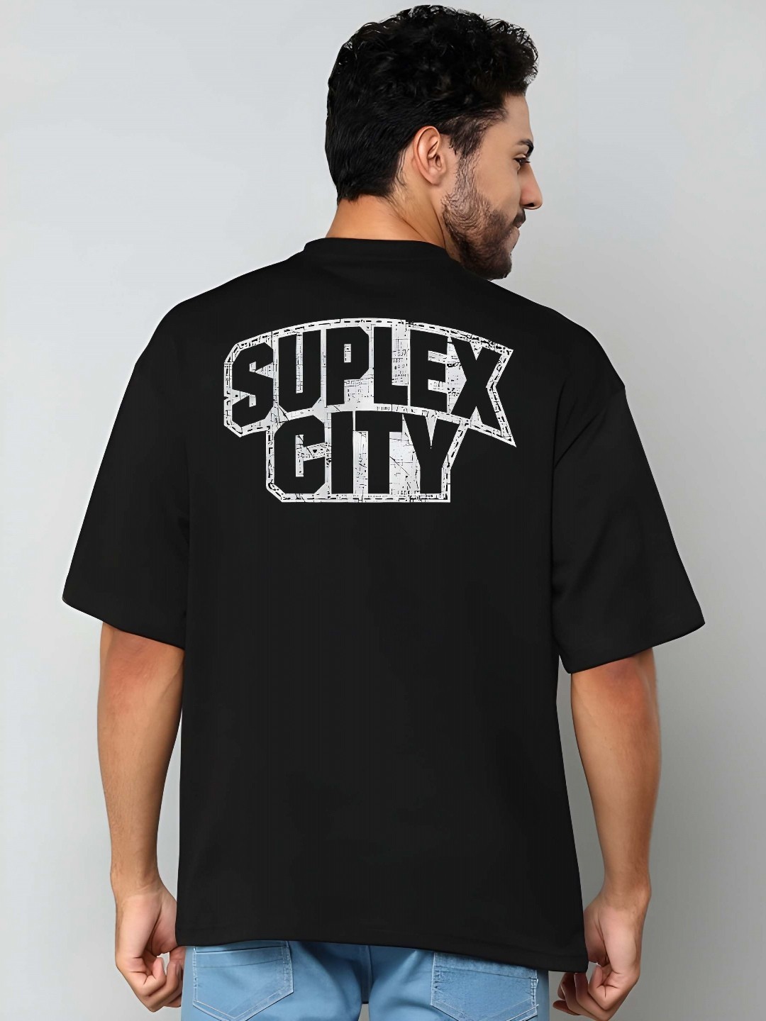 

BOWLIFESTYLE Men Typography Printed Round Neck Cotton Oversized T-shirt, Black