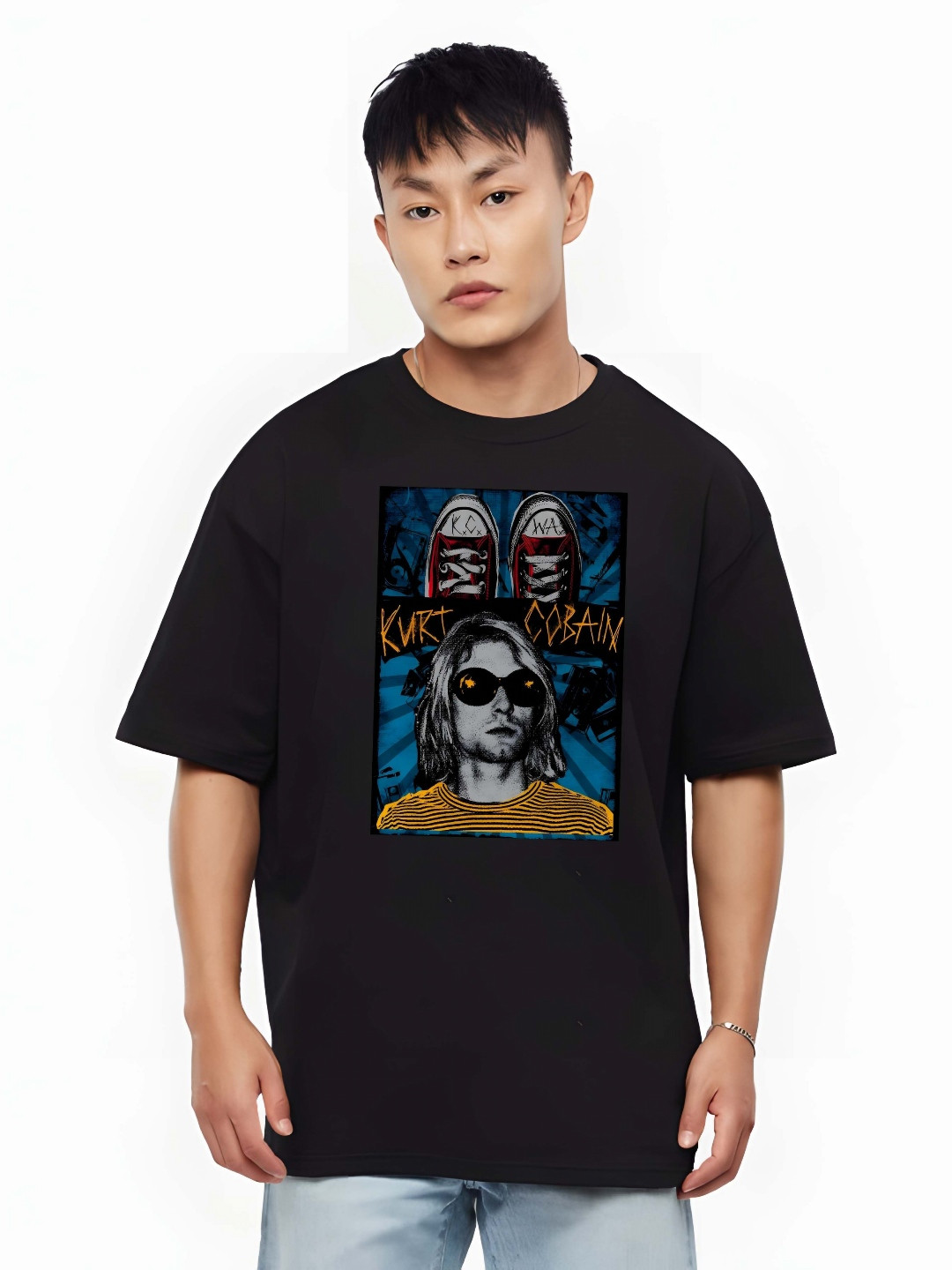 

BOWLIFESTYLE Men Graphic Printed Round Neck Cotton Oversized T-shirt, Black