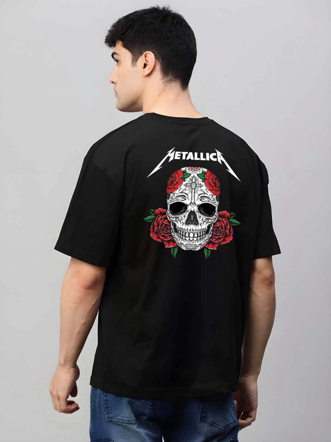 

BOWLIFESTYLE Men Graphic Printed Round Neck Cotton Oversized T-shirt, Black