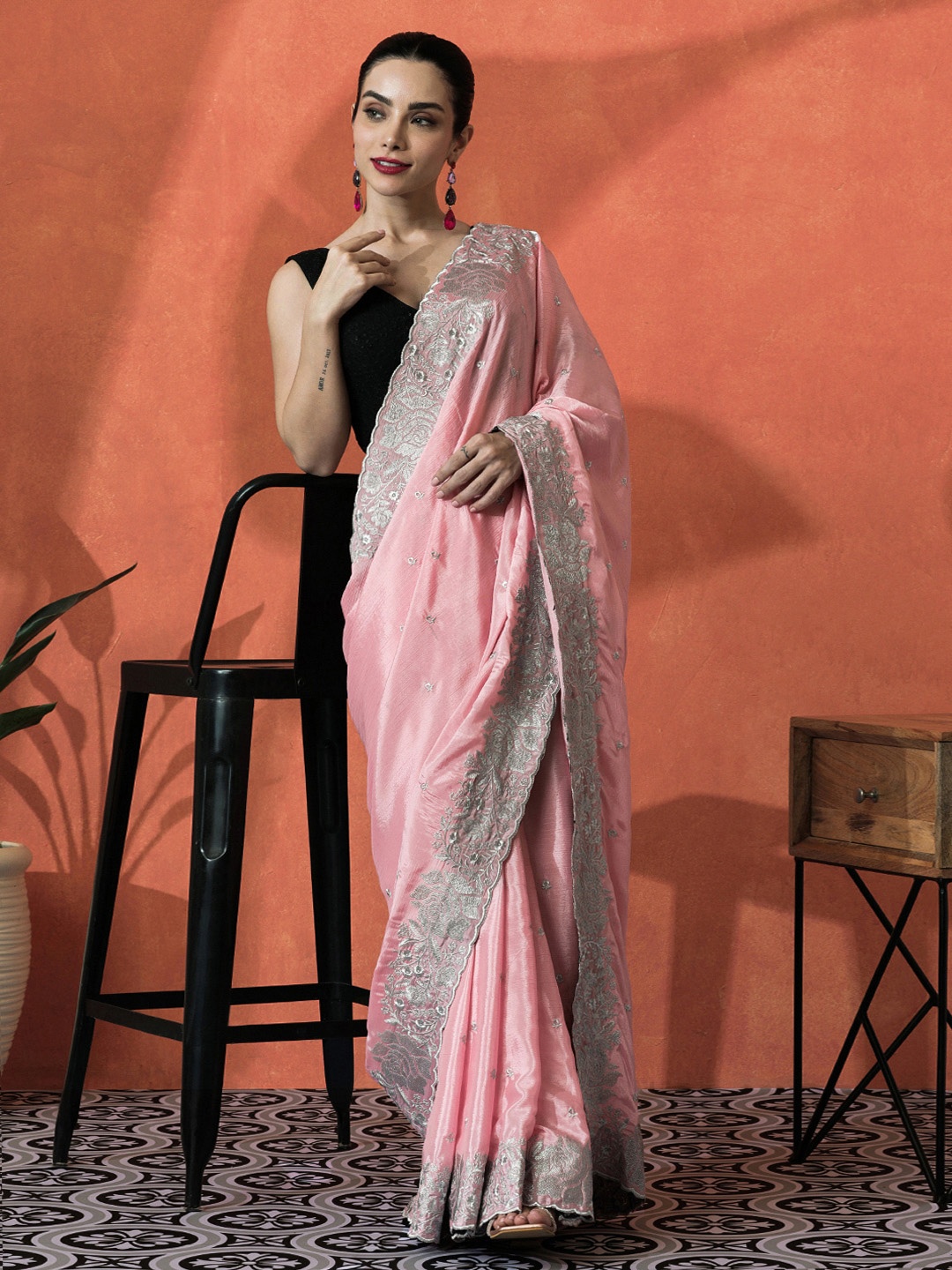 

Sangria Embellished Embroidered Saree With Blouse Piece, Pink