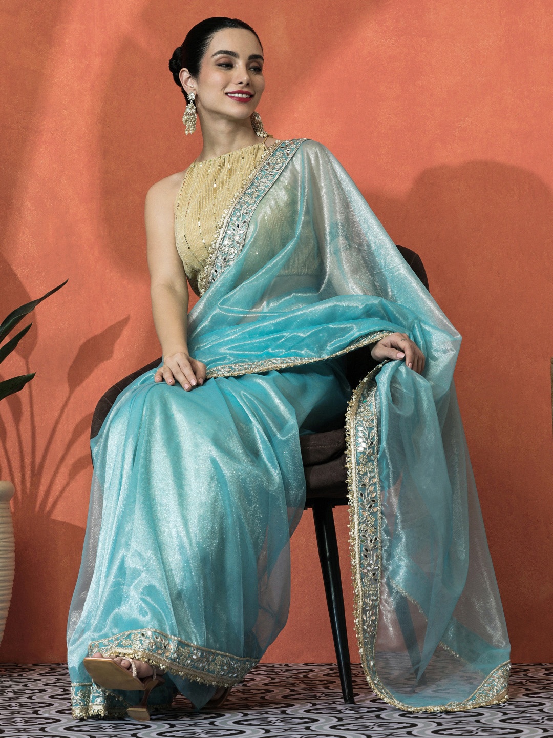 

Sangria Embroidered Saree With Blouse Piece, Blue