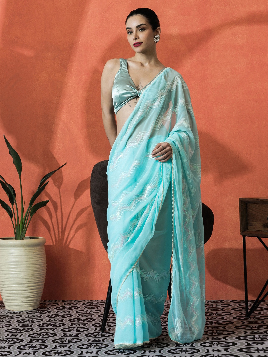 

Sangria Embroidered Saree With Blouse Piece, Blue