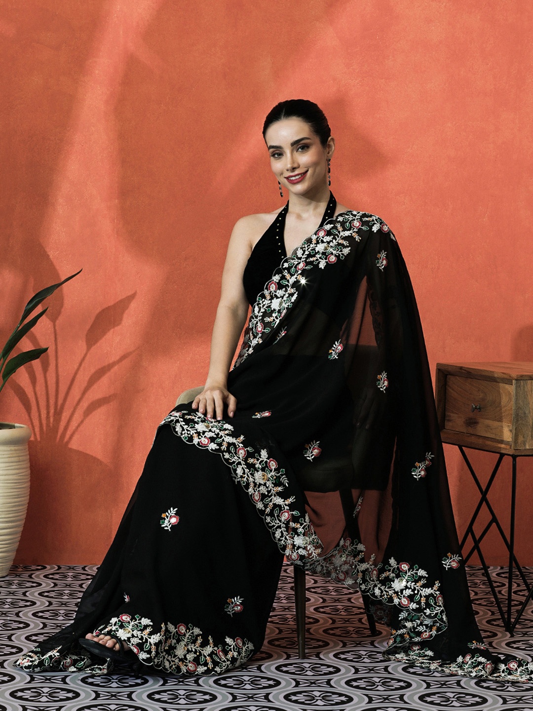 

Sangria Floral Embroidered Saree With Blouse Piece, Black