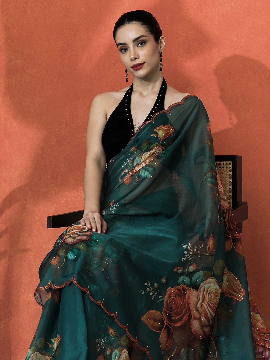 

Sangria Floral Beads and Stones Organza Saree, Teal