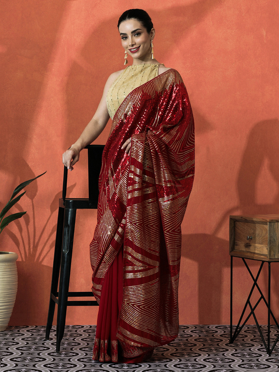 

Sangria Embellished Embroidered Saree With Unstitched Blouse, Red