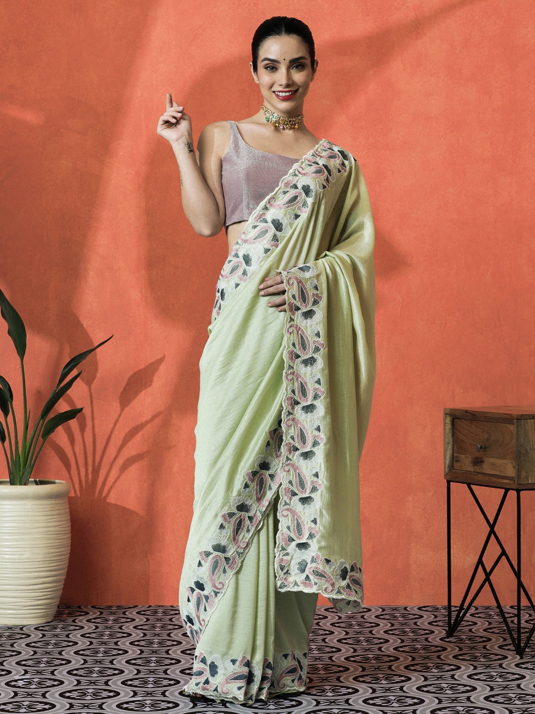 

Sangria Embellished Embroidered Saree With Unstitched Blouse, Lime green