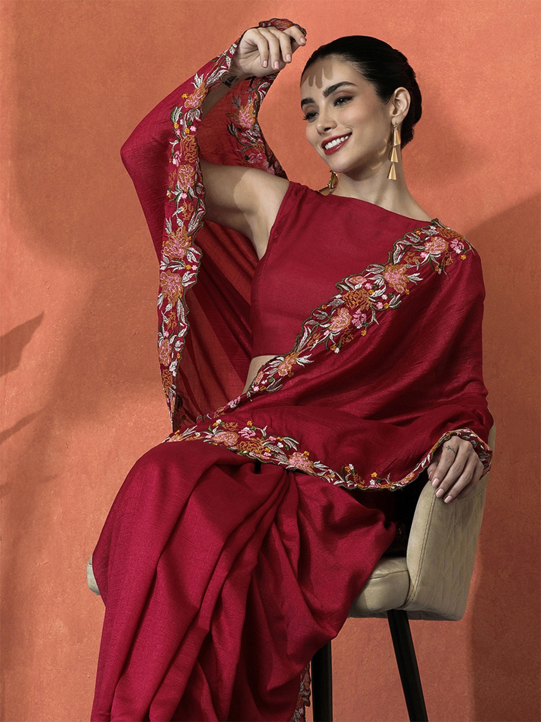 

Sangria Embroidered Satin Saree With Blouse Piece, Brown