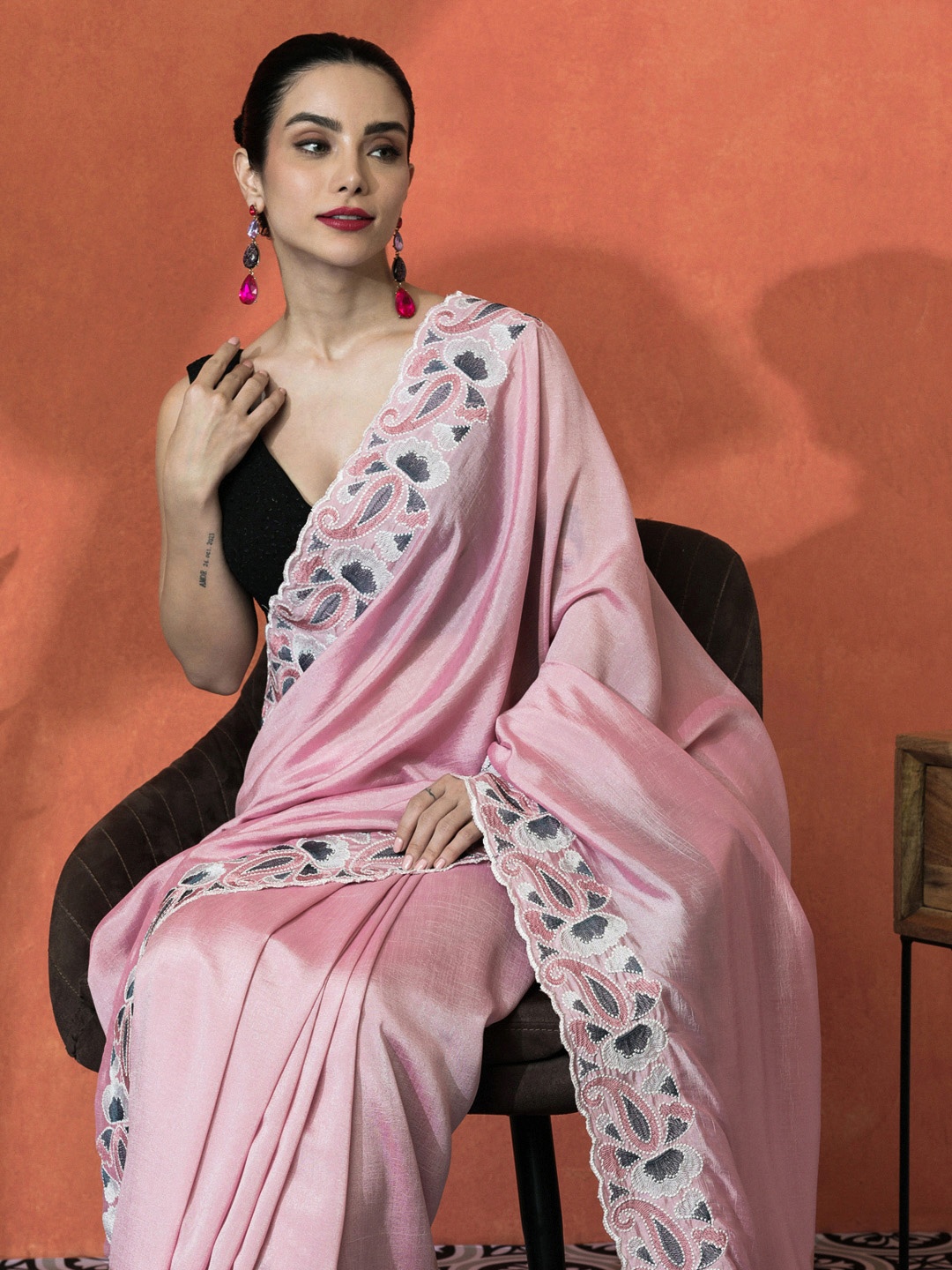 

Sangria Embellished Embroidered Saree With Unstitched Blouse, Pink