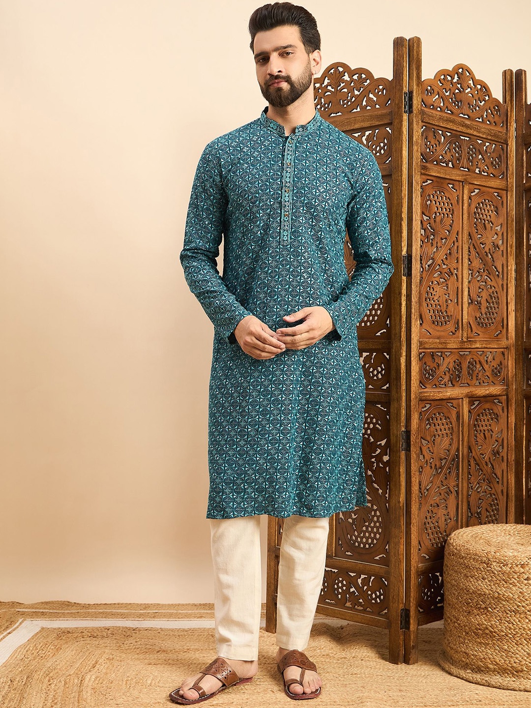 

SWAGG INDIA Ethnic Motifs Printed Band Collar Straight Kurta, Turquoise blue