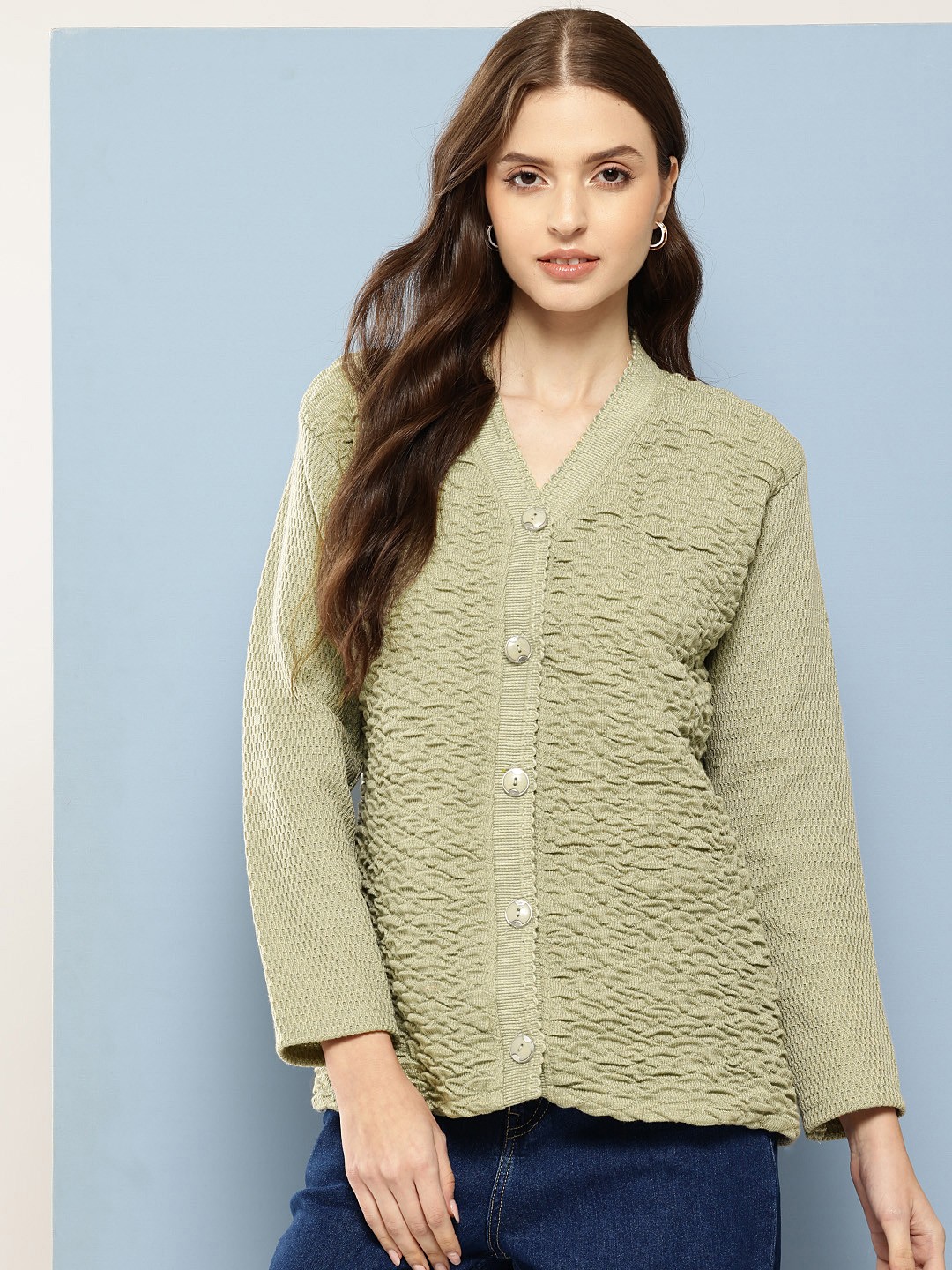 

Aarika Textured Woollen Cardigan, Green