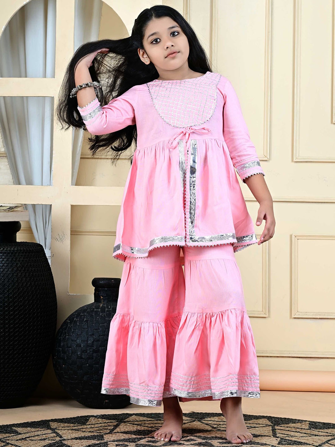 

BAESD Girls Gotta Patti Round Neck Pleated Anarkali Kurta With Sharara, Pink