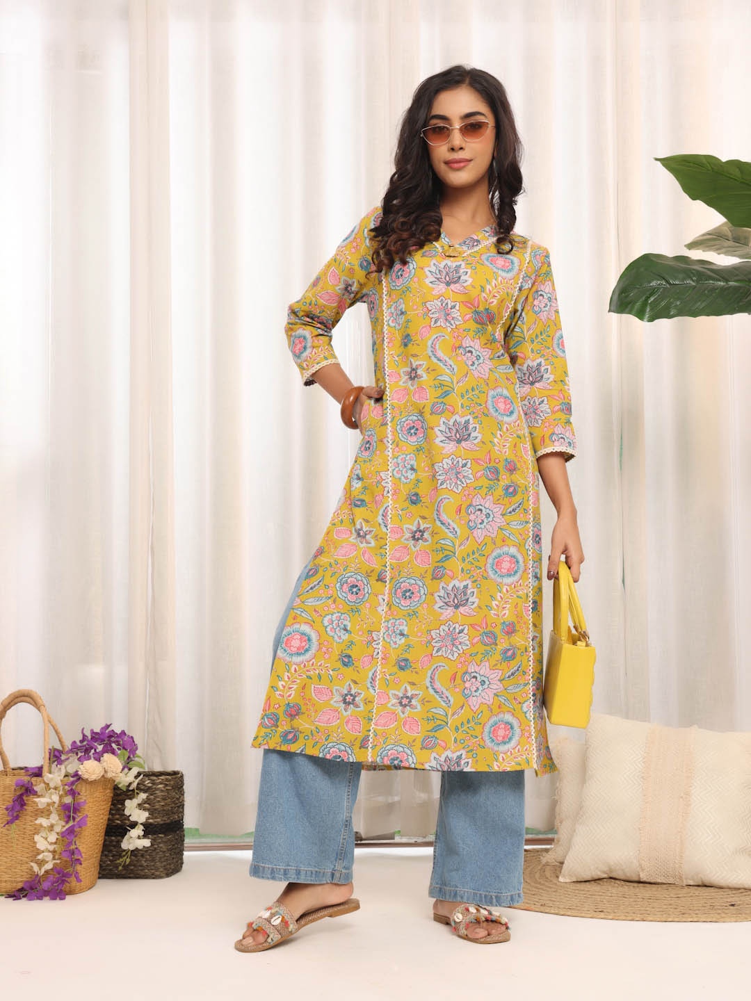 

Varanga Floral Printed V-Neck A-Line Kurta, Mustard