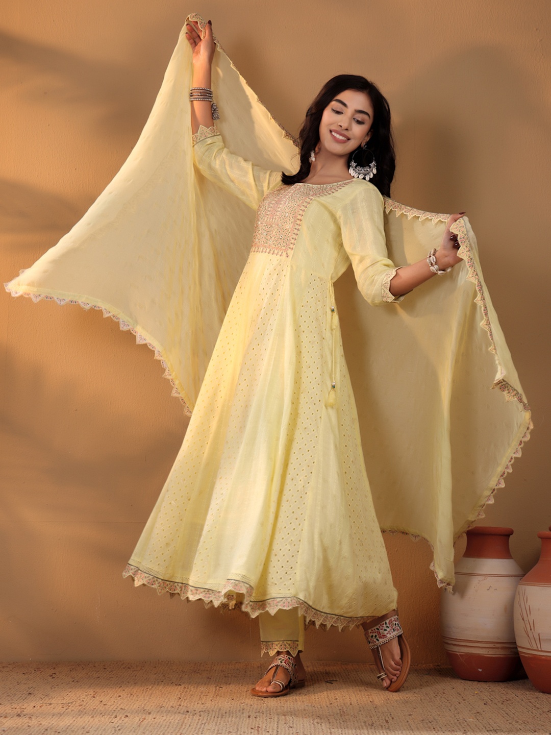 

Varanga Yellow Geometric Self Design Thread Work Pure Cotton Kurta With Trousers & Dupatta