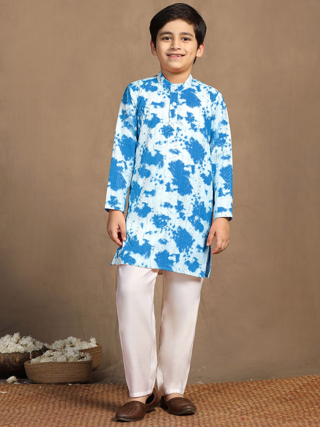 

BAESD Boys Abstract Dyed Band Collar Sequinned Straight Kurta With Trouser, Blue