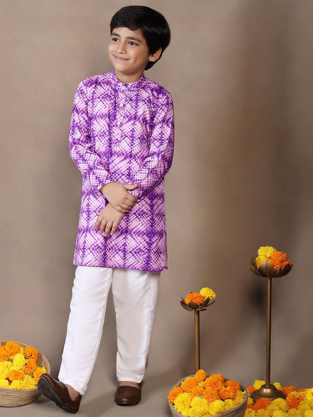 

BAESD Boys Geometric Printed Band Collar Straight Kurta With Pyjama, Violet