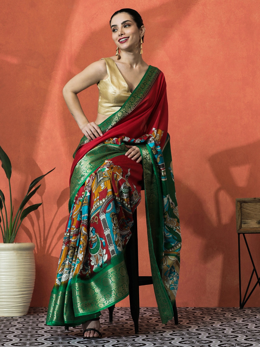 

Sangria Women Ethnic Motifs Printed Woven Design Zari Saree, Red