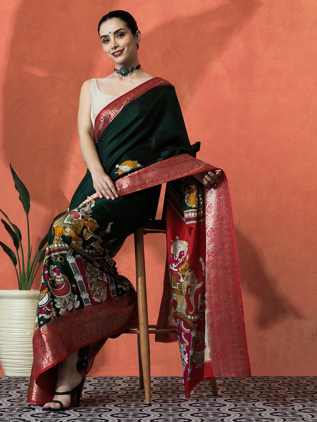 

Sangria Ethnic Motifs Printed Zari Saree With Unstitched Blouse, Green