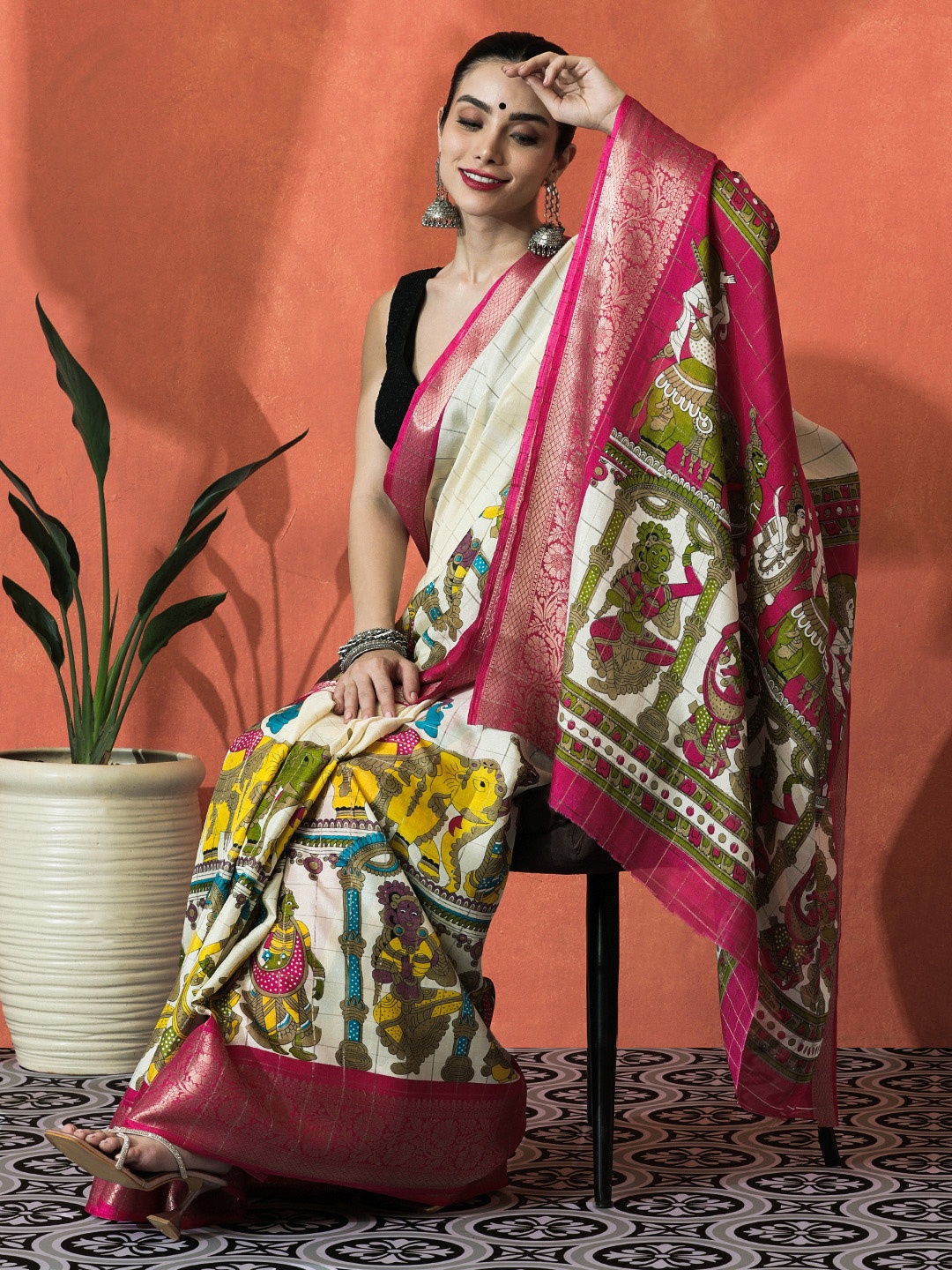 

Sangria Ethnic Motifs Printed Zari Saree With Unstitched Blouse, Cream
