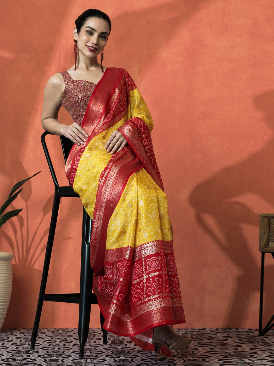 

Sangria Women Bandhani Printed Woven Design Zari Saree, Yellow