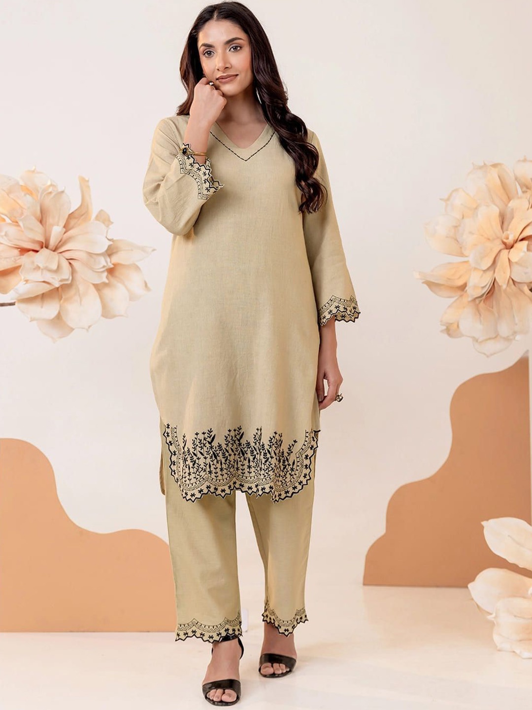 

MISRI Floral Embroidered V-Neck Thread Work Pure Cotton Straight Kurta With Trousers, Beige