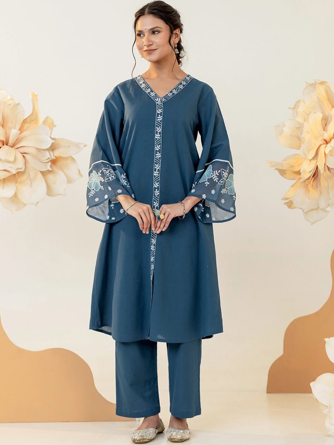 MISRI Floral Embroidered V-Neck Thread Work Pure Cotton A-Line Kurta With Trousers, Teal