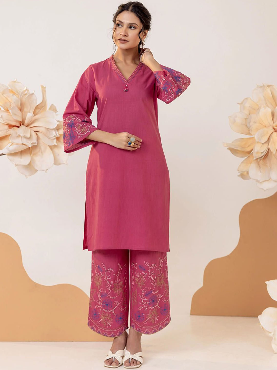 

MISRI Floral Embroidered V-Neck Thread Work Pure Cotton Straight Kurta With Palazzos, Pink