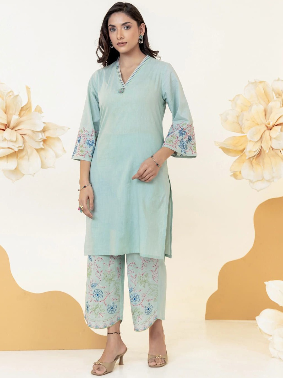 

MISRI Floral Embroidered V-Neck Thread Work Pure Cotton Straight Kurta With Palazzos, Sea green