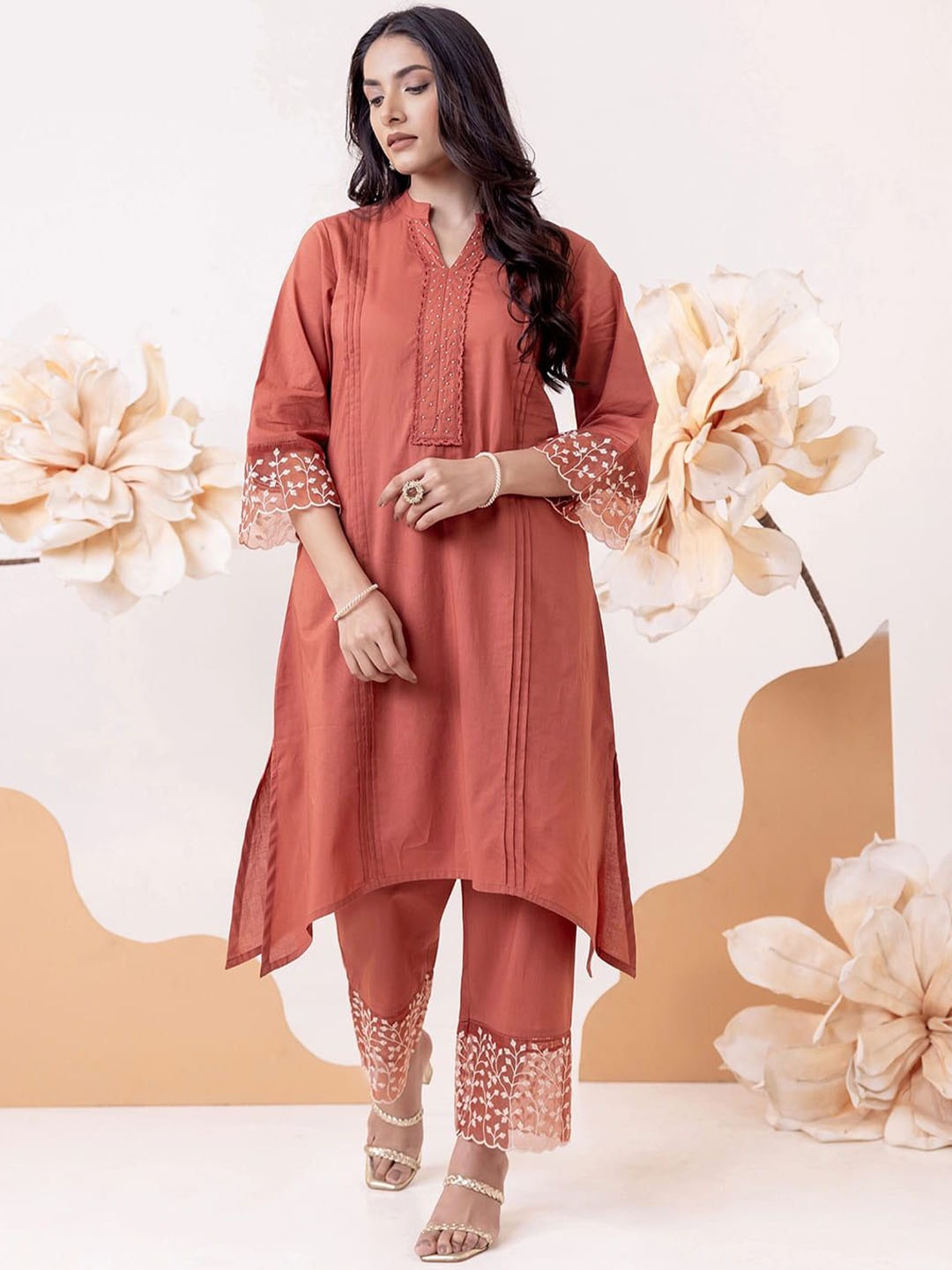 

MISRI Floral Embroidered Mandarin Collar Pleated Pure Cotton A-Line Kurta With Trousers, Rust