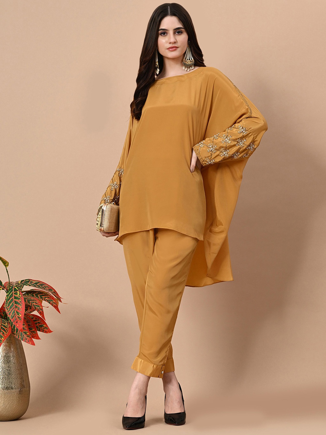 

Demure by shiba Embellished Round Neck Top With Trouser, Mustard