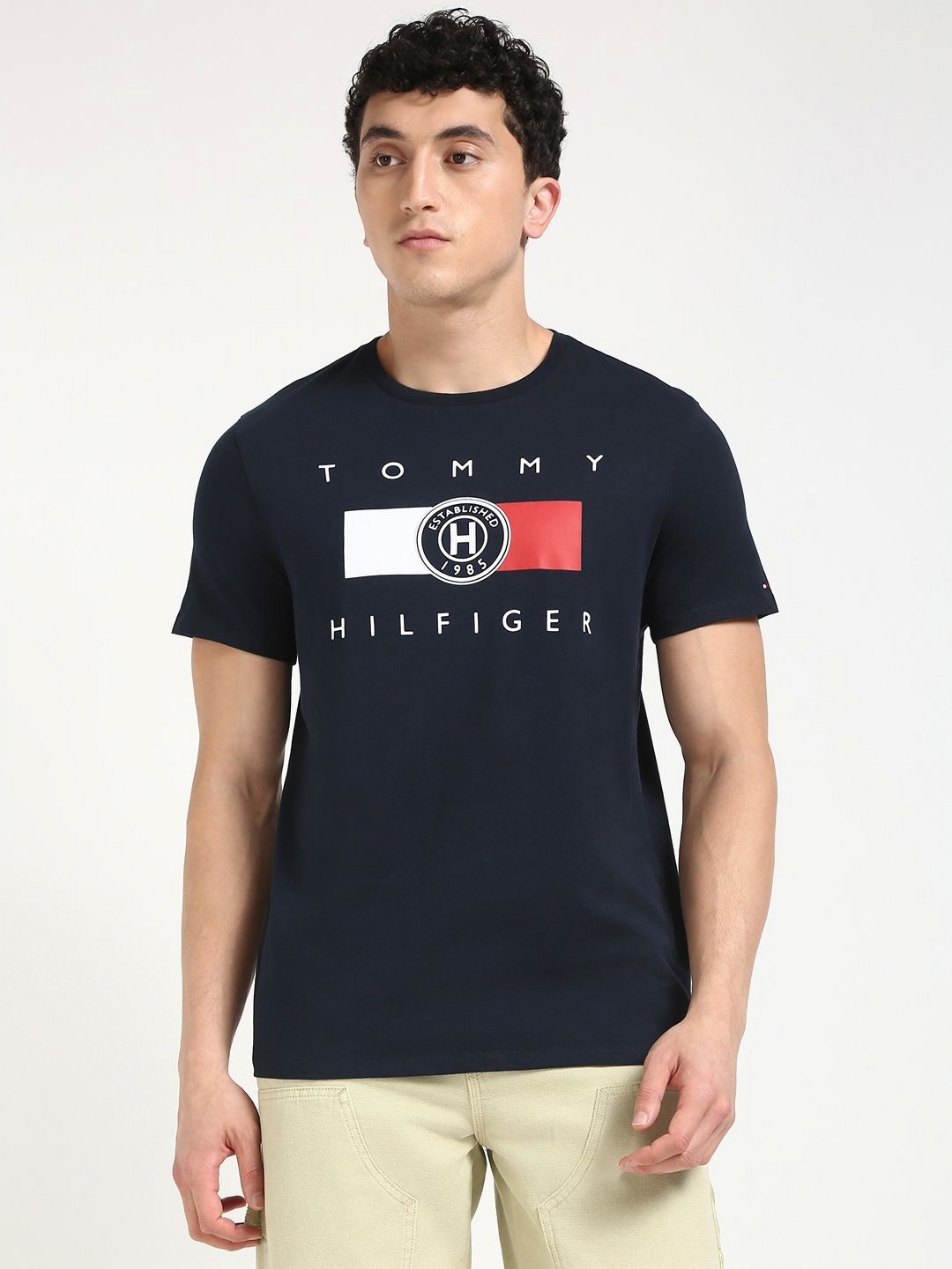 

Tommy Hilfiger Men Typography Printed Round Neck Cotton T-shirt, Blue