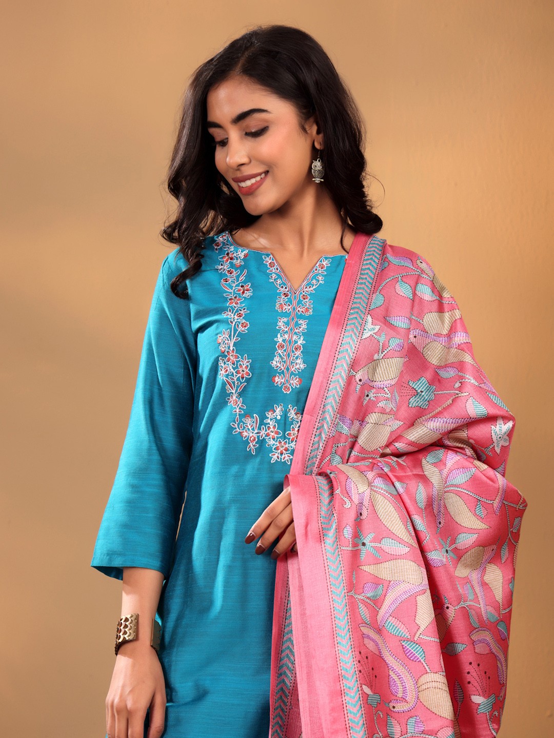 

Varanga Turquoise Blue Floral Yoke Design Thread Work Kurta With Trouser & Dupatta
