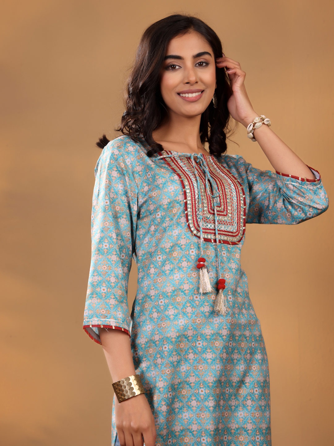 

Varanga Ethnic Motifs Embroidered Tie-up neck Gotta Patti Straight Kurta, Blue