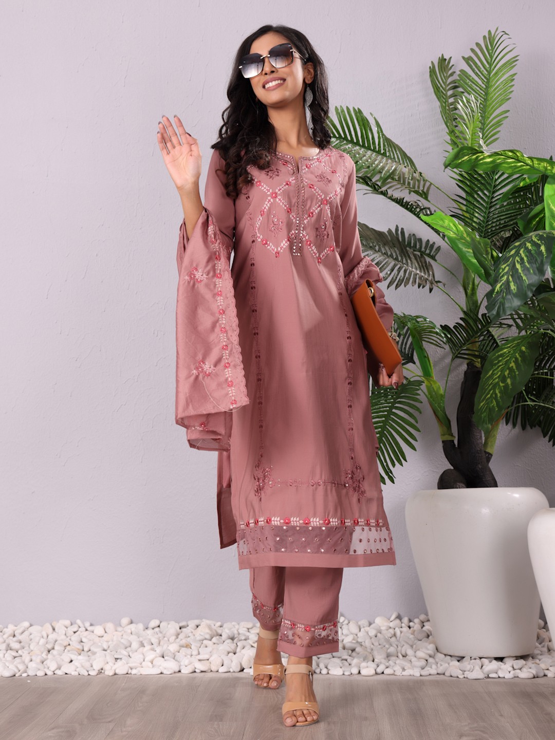 

Varanga Mauve Floral Embroidered Mirror Work Kurta With Trousers & Dupatta
