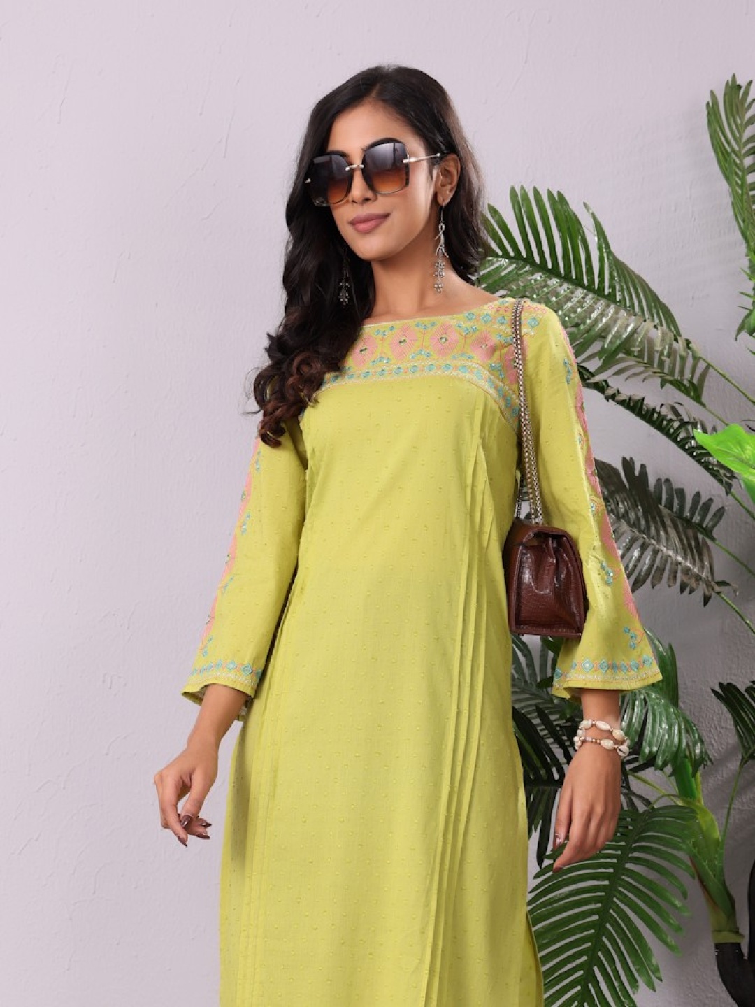 

Varanga Embellished Yoke Design Mirror Work Cotton Straight Kurta, Lime green