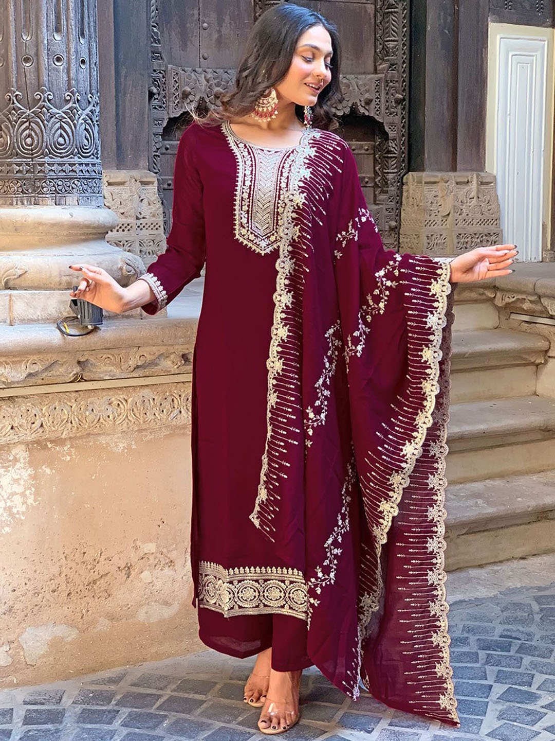 

KALINI Yoke Design Thread Work Round Neck Straight Kurta With Palazzos And Dupatta, Burgundy